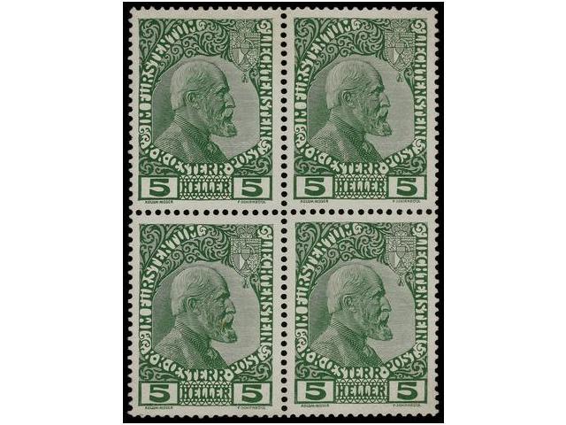 ** LIECHTENSTEIN. Mi.1x (4). 1912. 5 He. Green. Block Of Four, Never Hinged (Yvert 640&euro;). Michel.640&euro;. - Autres & Non Classés