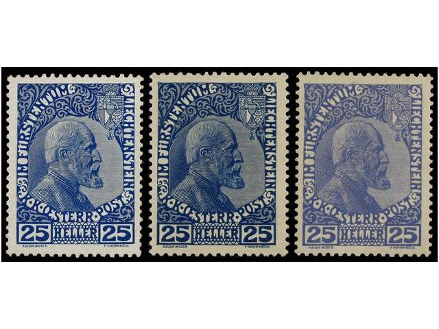 ** LIECHTENSTEIN. Mi.3x, 3ya, 3yb. 1912. 25 He. Blue (chalky Paper), 25 He. Blue And 25 He. Ultramarine (unsurfaced Pape - Autres & Non Classés