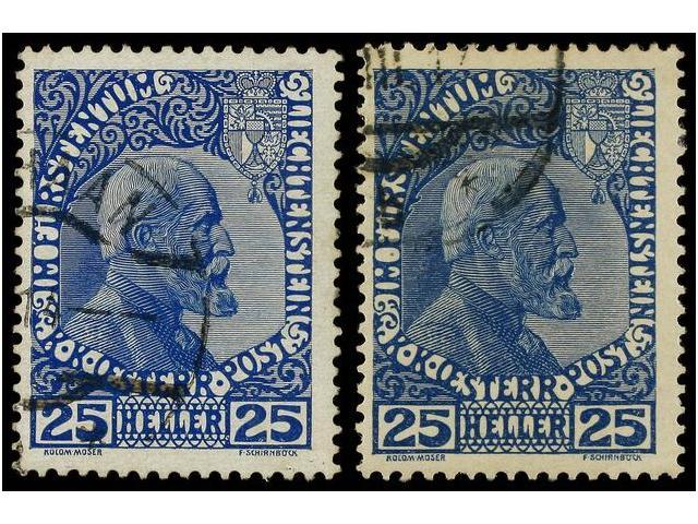 ° LIECHTENSTEIN. Mi.3x, 3ya. 1912. 25 Heller Blue. 2 Stamps, Normal And Chalky Paper. Fine In Used. Michel.250&euro;. - Autres & Non Classés