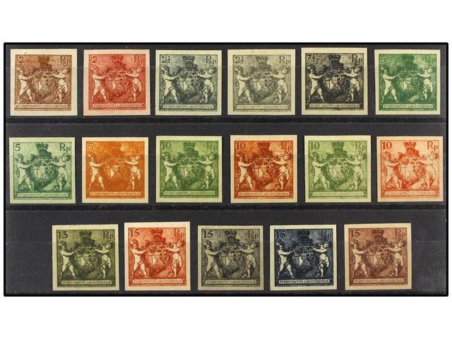 (*) LIECHTENSTEIN. Mi.45 (2), 46 (2), 48 (3), 49, 50 (4), 51, 52 (4) PK. 1921. 17 Imperforate PROOFS Different Colours. - Autres & Non Classés