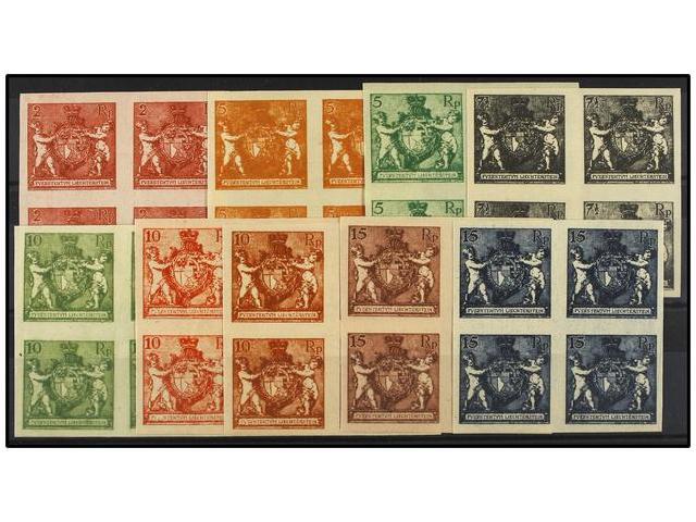 (*) LIECHTENSTEIN. Mi.45 (4), 48 (8), 49 (4), 50 (12), 52 (8) PK. 1921. Imperforate PROOFS In Block Of Four. 2 Rp. Red, - Autres & Non Classés