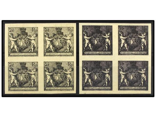 (*) LIECHTENSTEIN. Mi.46 (4), 52 (4) PK. 1921. TWO Imperforate PROOFS In Block Of Four. 2 1/2 Rp. Grey And 15 Rp. Dark V - Autres & Non Classés