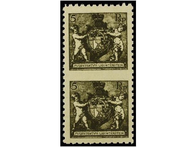 ** LIECHTENSTEIN. Mi.48AUMW. 1921. 5 Rp. Olive, Perf. 9 1/2. Vertical Pair IMPERFORATE IN THE MIDDLE. Never Hinged. RARE - Autres & Non Classés