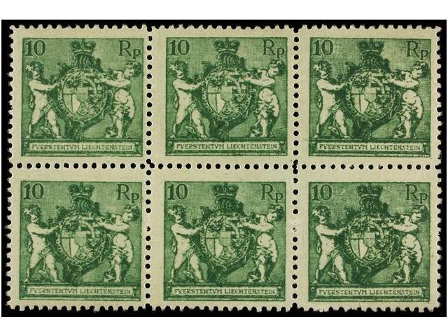 ** LIECHTENSTEIN. Mi.50B (6). 1921. 10 Rp. Green, Perf. 12 1/2. Block Of Six, Never Hinged. Michel.750&euro;. - Autres & Non Classés