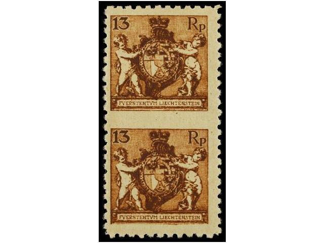 ** LIECHTENSTEIN. Mi.51AUMW. 1921. 13 Rp. Red-brown, Perf. 9 1/2. Vertical Pair IMPERFORATE IN THE MIDDLE. Never Hinged. - Autres & Non Classés