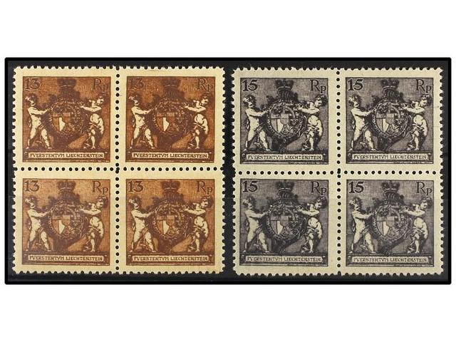 **/* LIECHTENSTEIN. Mi.51B/52B (4). 1921. 13 Rp. And 15 Rp., Perf. 12 1/2. Block Of Four. Two Hinged. Michel.312&euro;. - Autres & Non Classés