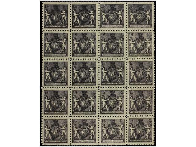 **/* LIECHTENSTEIN. Mi.52A (15). 1921. 15 Rp. Black-violet, Perf. 9 1/2. Block Of 15 (one Stamp Hinged). Michel.600&euro - Otros & Sin Clasificación