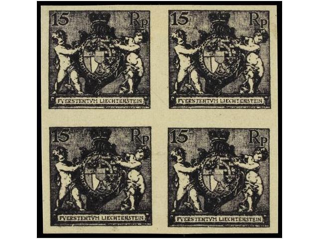 (*) LIECHTENSTEIN. Mi.52 PK. 1921. 15 Rp. Black Violet. Imperforate PROOFS, Block Of Four. Original Printed Colour. - Autres & Non Classés