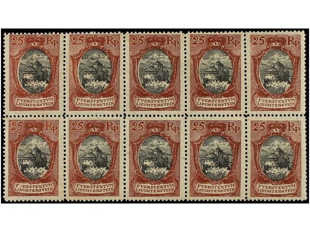 ** LIECHTENSTEIN. Mi.54b. 1921. 25 Rp. Red-brown And Black. Block Of Ten. LUXE. Michel.650&euro;. - Autres & Non Classés