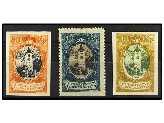(*) LIECHTENSTEIN. Mi.59 (3) PK. 1921. 80 Rp. Three Perforated And Imperforate PROOFS. Different Colours. - Autres & Non Classés