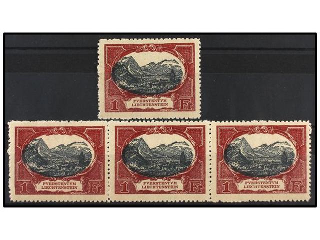 ** LIECHTENSTEIN. Mi.60 (4). 1921. 1 Fr. Carmine And Black. 4 Stamps, Never Hinged. Michel.480&euro;. - Autres & Non Classés