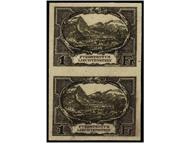 (*) LIECHTENSTEIN. Mi.60 (2) PK. 1921. 1 Fr. Dark Purple And Black. Imperforate PROOFS, Vertical Pair. - Autres & Non Classés