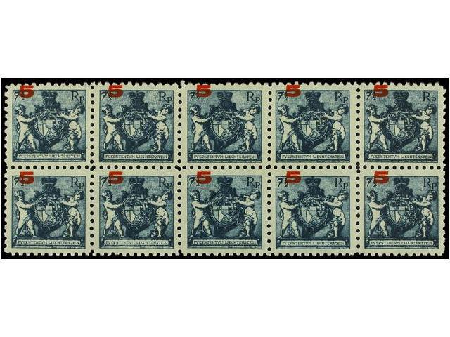 **/* LIECHTENSTEIN. Mi.61A (10). 1924. 5 On 7 1/2 Rp. Blue. Block Of Ten. MISPLACED SURCHARGE. Never Hinged (2 Stamps Hi - Autres & Non Classés