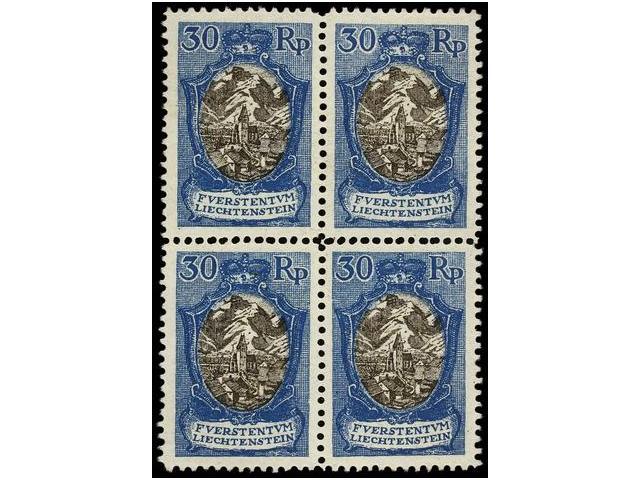 **/* LIECHTENSTEIN. Yv.64. 1925. 30 Rp. Blue And Black. Block Of Four (one Stamp Hinged). Partial Horizontal DOUBLE PERF - Autres & Non Classés