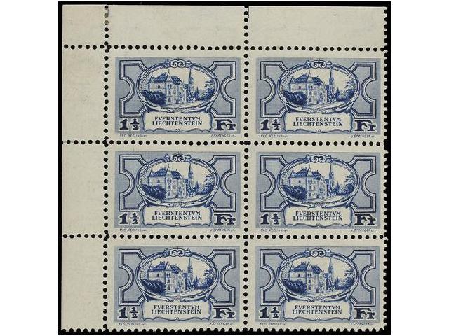 ** LIECHTENSTEIN. Mi.71 (6). 1924. 1 1/2 Fr. Blue. Block Of Six. LUXE. Michel.1.200&euro;. - Autres & Non Classés