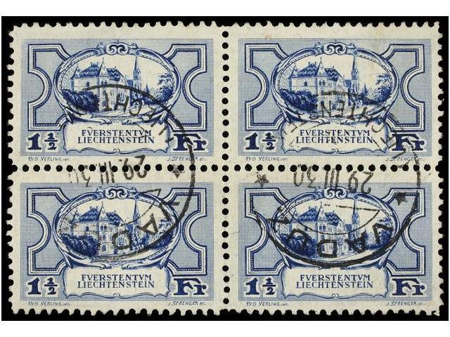 ° LIECHTENSTEIN. Mi.71 (4). 1924. 1 1/2 Fr. Blue. Block Of Four. Fine In Used. Michel.320&euro;. - Autres & Non Classés