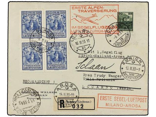 LIECHTENSTEIN. Mi.118 (4), 120. 1933. SCHAAN To LOCARNO. 30 Rp. Blue (4) And 90 Rp. Green. FIRST FLIGHT ZURICH-MILANO An - Autres & Non Classés