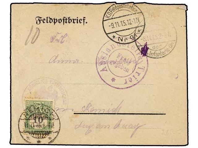 LUXEMBURGO. 1915. Military Envelope Sent From GERMANY To LUXEMBURG, Taxed On Arrival With 10 Cent. Stamp. - Autres & Non Classés
