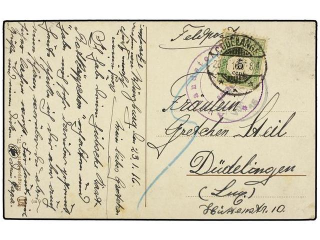 LUXEMBURGO. 1916. GERMAN FELPOST Postcard To LUXEMBOURG Taxed On Arrival With Luxembourg 5 Cent. Green And Black Stamp. - Autres & Non Classés