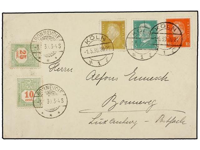 LUXEMBURGO. 1930. KOLN (Alemania) A BONNEVOIE (Luxemburgo). 3 Pf., 5 Pf. Y 10 Pf., Tasada A La Llegada Con Sellos De Lux - Other & Unclassified