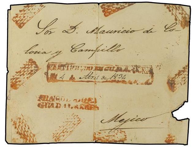 MEXICO. 1834 (4-Abril). ENVUELTA De Carta CERTIFICADA Con Las Marcas FRANQUEADO EN / GUADALAJARA Y CERTIFICADO EN GUADAL - Autres & Non Classés