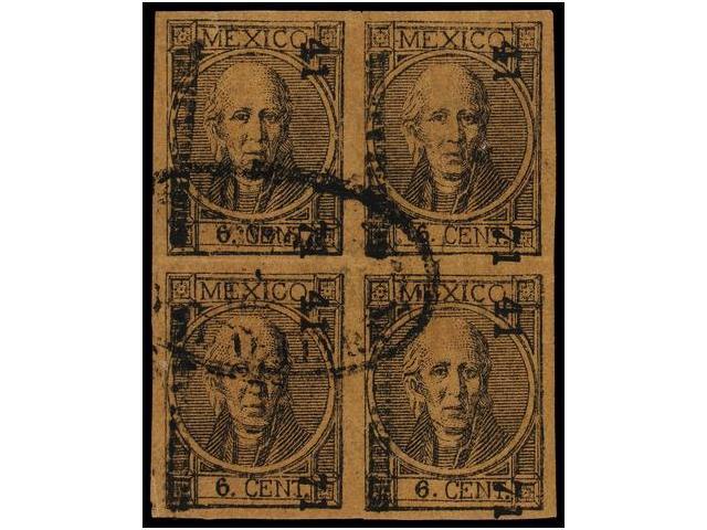 ° MEXICO. Sc.58. 1871. (Guadalajara). Thick Figures 6c Black On Brown, A Superb Used Imperforate Block Of Four (41-71). - Andere & Zonder Classificatie