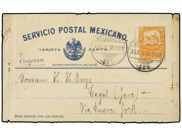 MEDALLAS ESPAÑOLAS. 1898. AGUAS CALIENTES A TAGAL (Isla De Java). Entero Postal De 4 Ctvos. Naranja (mulita). Al Dorso L - Autres & Non Classés