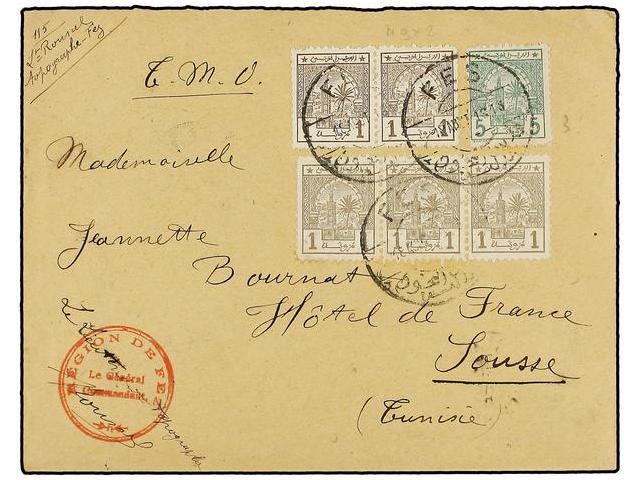 MARRUECOS FRANCES. 1913. FES A SOUSSE (Tunez). Circulada Con Sellos Locales De 1 Cto. Gris (8) Y 5 Cts. Verde, Mat. FEZ - Autres & Non Classés