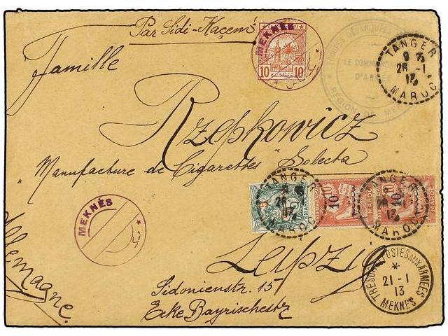 MARRUECOS FRANCES. 1913. MEKNES A LIEPZIG. Circulada Con Sellos Del Correo Francés De 5 Cts. Y 10 Cts. (2) Y Sello Local - Autres & Non Classés