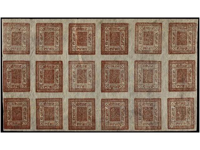 (*) NEPAL. Mi.30 (18). 1919-27. 2 Annas Red Brown, Setting 24. Block Of Eighteen With Inverted Cliche Pos. 8, 14, 15, 19 - Autres & Non Classés