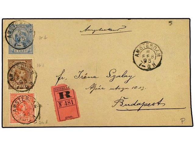 HOLANDA. 1895. Entero Postal De 5 C. Azul Mas Sellos De 7 1/2 C. Y 10 C. Dirigida A BUDAPEST. Certificado. - Autres & Non Classés