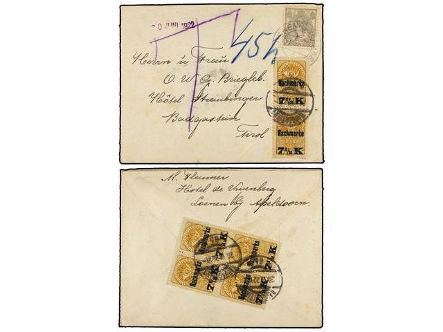 HOLANDA. 1922. LOENEN To AUSTRIA. 10 Cts. Grey, Taxed On Arrival With Austrian 7 1/2 Kr. Yellow Brown (6) Stamps. - Autres & Non Classés