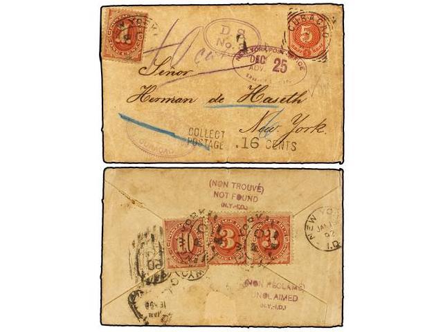CURACAO. 1892. CURAÇAO To NEW YORK. 5 Cent. Red, Taxed On Arrival With USA 1 Ctvo., 3 Ctvos. (2) And 10 Cts. Claret Stam - Autres & Non Classés