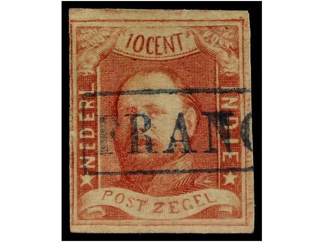 ° INDIA HOLANDESA. Mi.1. 1864. 10 Cts. Red, Blue FRANCO Cancel, Complete Margins. Michel.130&euro;. - Autres & Non Classés