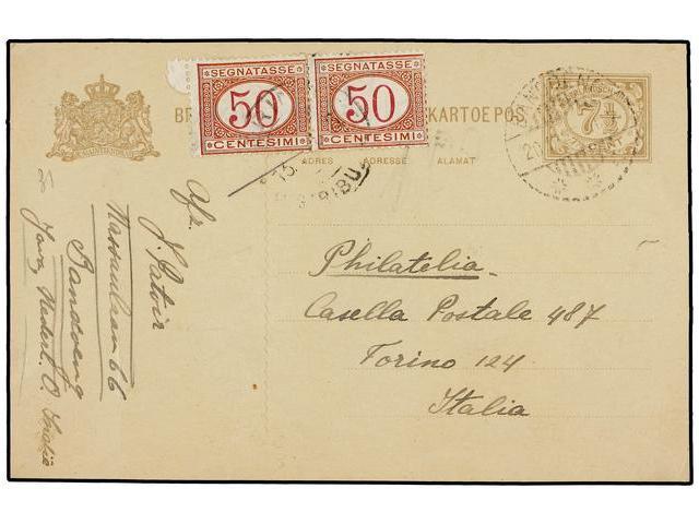 INDIA HOLANDESA. 1927. BANDOENG To ITALY. 7 1/2 Cent. Brown Postal Stationary Card, Taxed On Arrival With Italian 50 Cen - Autres & Non Classés