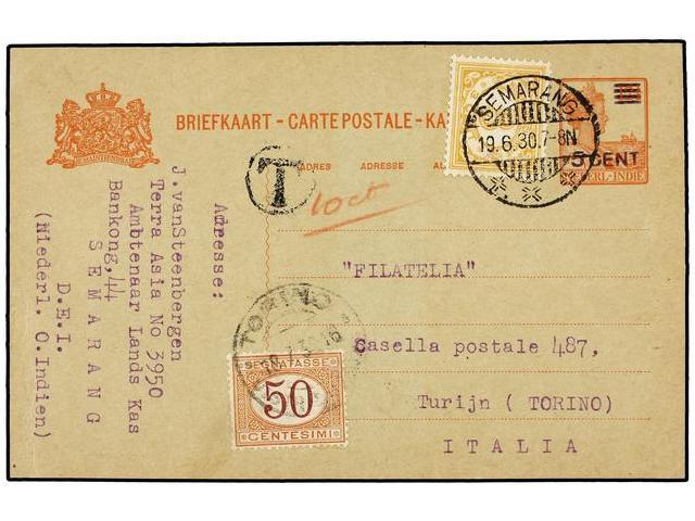 INDIA HOLANDESA. 1930. SEMARANG To ITALY. 5 Cent. On 12 1/2 Cts. Red Postal Stationary Card Uprated With 3 Cent. Bistre, - Autres & Non Classés
