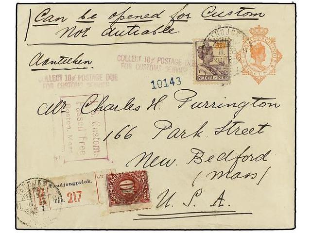 INDIA HOLANDESA. 1933. TANDJONGRIOK To USA. 12 1/2 Cent. Rose Postal Stationary Envelope Uprated With 32 1/2 Cent. Lilac - Autres & Non Classés