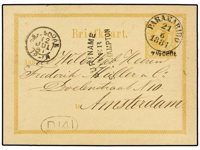 SURINAM. 1881. PARAMARIBO A AMSTERDAM. Entero Postal De 7 1/2 Cent. S. 12 1/2 Cts. Bistre, Marca SURINAME/OVER/SOUTHAMPT - Autres & Non Classés