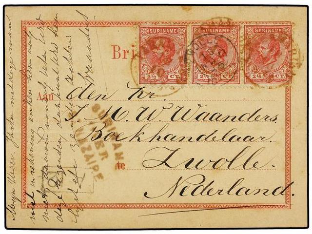 SURINAM. 1885 (18 Octubre). PARAMARIBO A HOLANDA. Tarjeta Con Franqueo De 2 1/2 Cts. Rosa Tira De Tres, Marca SURINAME O - Autres & Non Classés