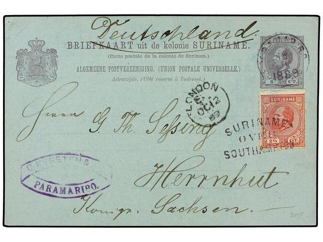 SURINAM. 1889. PARAMARIBO To GERMANY. 5 Cts. Lilac Card Uprated With 2 1/2 Cent. Stamp Cancelled By SURINAME/OVER/SOUTHA - Autres & Non Classés