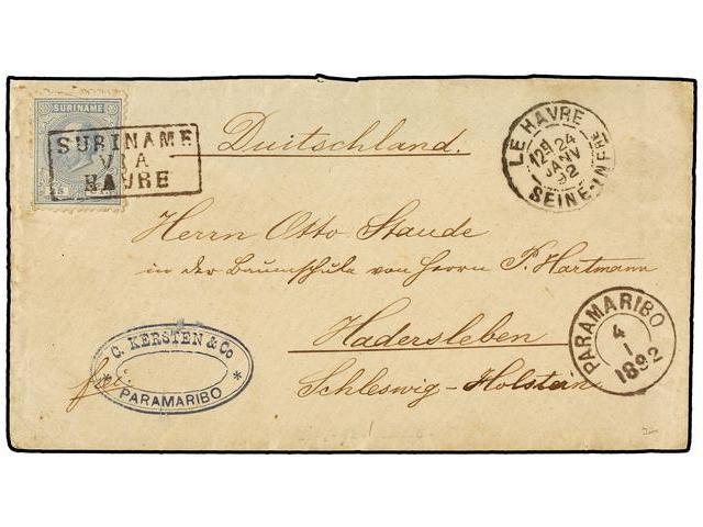 SURINAM. 1892. PARAMARIBO To GERMANY. 25 Cents. Grey Canceled By SURINAME/VAI/HAVRE, Rare Over The Stamp. - Autres & Non Classés