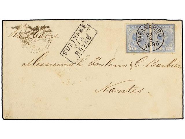 SURINAM. 1895. PARAMARIBO A FRANCIA. 25 Cts. Azul (2), Marca SURINAME/VIA/HAVRE. MAGNÍFICA. - Autres & Non Classés