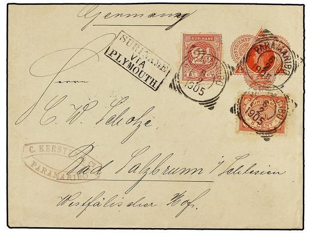 SURINAM. 1905. PARAMARIBO A ALEMANIA. Entero Postal De 5 Cts. Rojo Con Franqueo Adicional De 2 1/2 Cts. Rosa Y 5 Cts. Ro - Autres & Non Classés