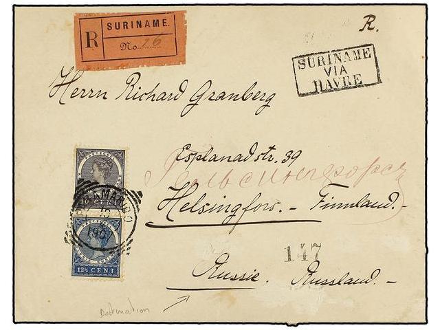 SURINAM. 1907. PARAMARIBO A FINLANDIA. 10 Cts. Lila Negro Y 12 1/2 Cent. Azul, Carta Certificada, Marca SURINAME/VIA/HAV - Autres & Non Classés