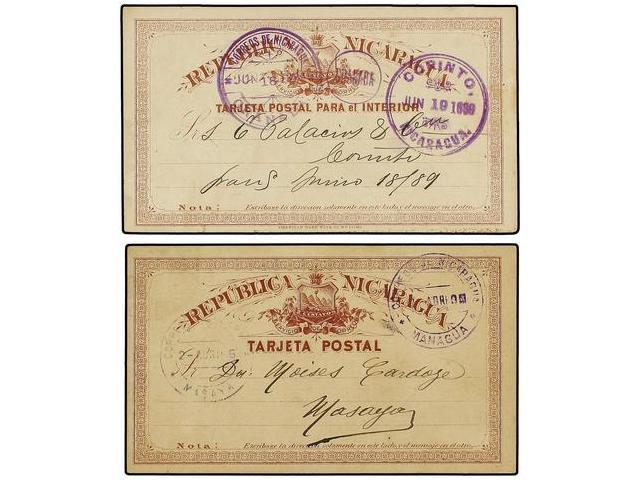 NICARAGUA. 1889. Dos Enteros Postales De 2 Ctvos. Castaño Sobre Crema Y Sobre Blanco Circulados En El Interior. - Autres & Non Classés