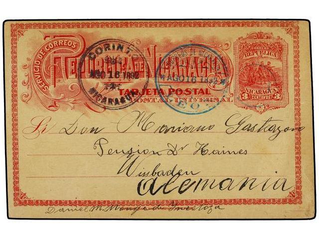 NICARAGUA. 1892. LEON A ALEMANIA. Entero Postal De 3 Ctvos. Rojo, Transito De Corinto En Anverso. - Autres & Non Classés