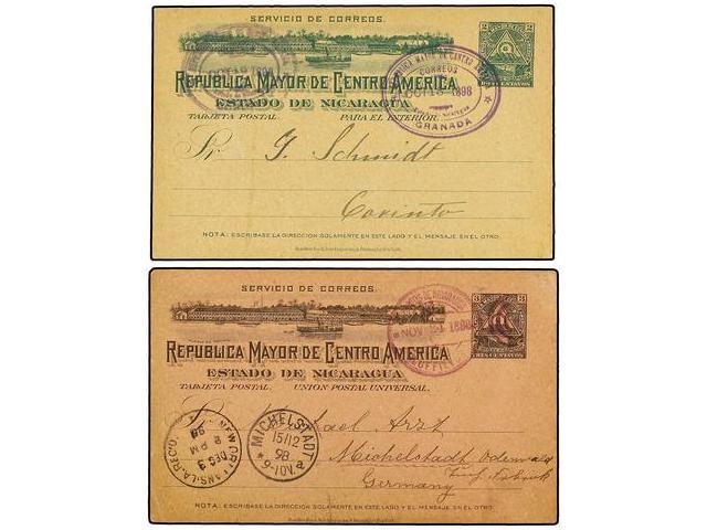 NICARAGUA. 1898. Dos Enteros Postales De 2 Ctvos. Verde Y  3 Ctvos. Negro S. Rosa Circulados En El Interior Y A ALEMANIA - Autres & Non Classés