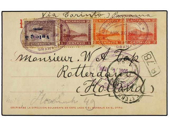 NICARAGUA. 1905. GRANADA A HOLANDA. Entero Postal De 2 Ctvos. Rosa Con Franqueo Adicional De 1 Ctvo. Carmín Lila, 2 Ctvo - Autres & Non Classés