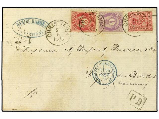 NORUEGA. 1873. Envelope To FRANCE Bearing 8 Skill Carmine (Facit 9), 3 Skill Carmin (Facit 18) And 4 Skill Violet (Facit - Autres & Non Classés