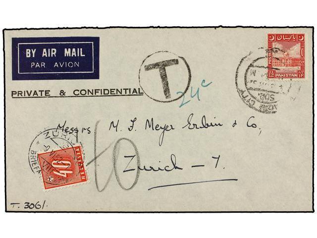 PAKISTAN. 1952. KARACHI To ZURICH. 12 As. Red, Taxed On Arrival With Swiss 40 Rp. Red Stamp. - Autres & Non Classés